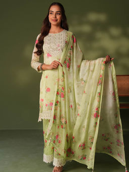 Sindh Fashion - Green Semi Georgette Embroidered Sharara with Kurta and Dupatta (Set of 3)