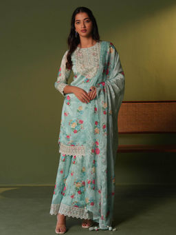 Sindh Fashion - Blue Semi Georgette Embroidered Sharara with Kurta and Dupatta (Set of 3)