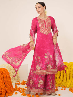 Sindh Fashion - Pink Semi Georgette Embroidered Sharara with Kurta and Dupatta (Set of 3)