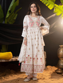 Sindh Fashion - White Semi Cotton Printed Anarkali Kurta with Pant and Dupatta (Set of 3)