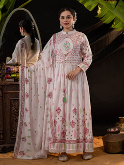 Sindh Fashion - White Semi Cotton Printed Jacket Anarkali Kurta with Pant and Dupatta (Set of 4)