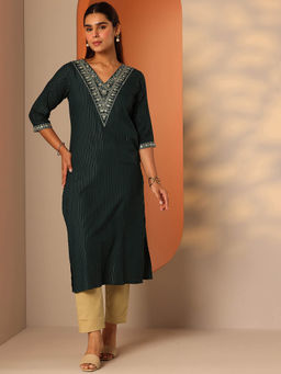 Libas - Green Embellished Straight Kurta With Pocket (3XL)