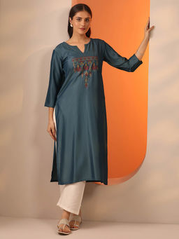 Libas - Grey Ethnic Motif Yoke Embroidered Straight Kurta (3XL)