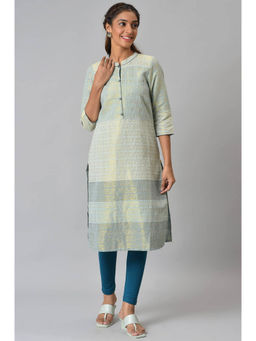 Aurelia - Women's Green Geometric Print Zari Straight Cotton Kurta