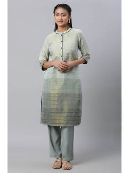 Aurelia - Women's Grey Geometric Print Zari Straight Cotton Kurta