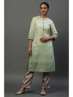 Aurelia - Women's Green Geometric Print Zari Straight Cotton Kurta