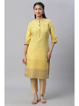 Aurelia - Women's Yellow Geometric Print Zari Straight Cotton Kurta