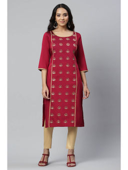Aurelia - Women's Red Solid Embroidered Zari Straight Woven Kurta