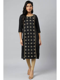 Aurelia - Women's Black Solid Embroidered Zari Straight Woven Kurta