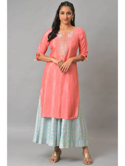 Aurelia - Women's Peach Geometric Embroidered Zari Straight Shantung Kurta
