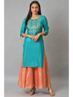 Aurelia - Women's Turquoise Embroidered Thread Work Straight Kurta