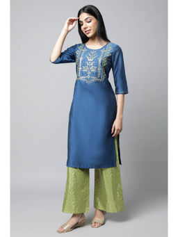 Aurelia - Women's Navy Blue Embroidered Thread Work Straight Kurta
