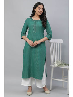 Aurelia - Women's Green Striped Embroidered Straight Cotton Kurta