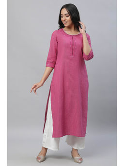 Aurelia - Women's Pink Striped Embroidered Straight Cotton Kurta