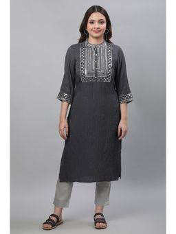 Aurelia - Women's Grey Striped Embroidered Sequin Straight Lurex Kurta