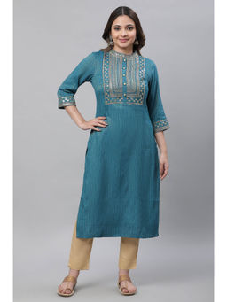 Aurelia - Women's Blue Striped Embroidered Sequin Straight Lurex Kurta