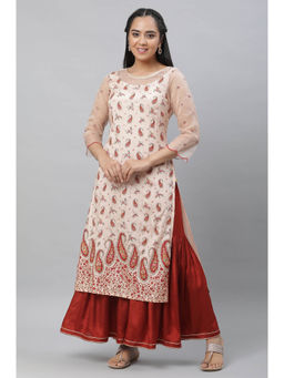 Aurelia - Women's Off White Paisley Print Sequined Straight Organza Kurta