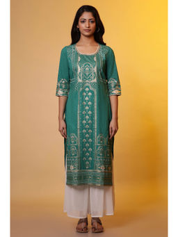 Aurelia - Women's Green Printed Foil Print Sequined Straight Cotton Kurta