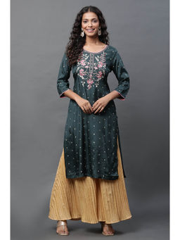 Aurelia - Women's Green Polka Dot Embroidered Straight Shantung Kurta