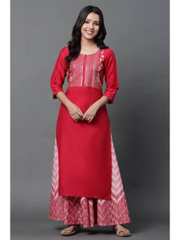 Aurelia - Women's Red Geometric Embroidered Sequined Straight Kurta