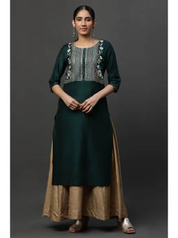 Aurelia - Women's Green Geometric Embroidered Sequined Straight Kurta