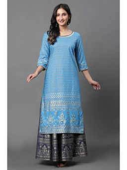 Aurelia - Women's Blue Printed Foil Print Straight Woven Kurta