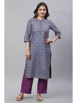Aurelia - Women's Purple Ornamental Floral Print Embroidered Straight Woven Kurta