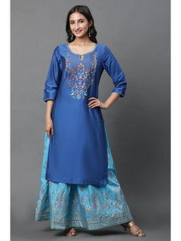 Aurelia - Women's Blue Solid Embroidered Zari Straight Kurta