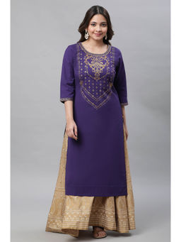 Aurelia - Women's Purple Abstract Print Foil Printed Straight Cotton Kurta