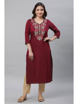 Aurelia - Women's Maroon Solid Embroidered Straight Woven Kurta