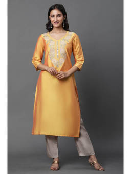 Aurelia - Women's Yellow Solid Embroidered Straight Woven Kurta