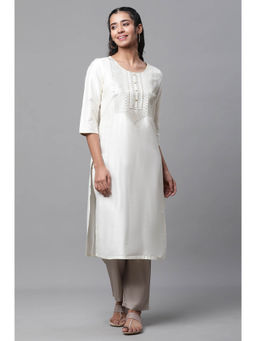 Aurelia - Women's White Embroidered Zari Work Straight Woven Kurta