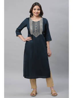Aurelia - Women's Navy Blue Embroidered Zari Work Straight Woven Kurta