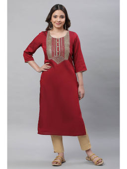 Aurelia - Women's Red Embroidered Zari Work Straight Woven Kurta