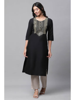 Aurelia - Women's Black Embroidered Zari Work Straight Woven Kurta