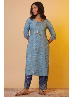 Aurelia - Women's Blue Floral Gold Print Sequined Straight Cotton Kurta