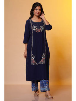 Aurelia - Women's Blue Solid Embroidered Straight Woven Kurta