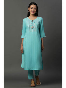 Aurelia - Women's Blue Solid Mirror Embroidered Straight Woven Kurta
