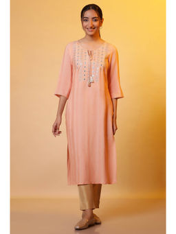 Aurelia - Women's Peach Solid Mirror Embroidered Straight Woven Kurta