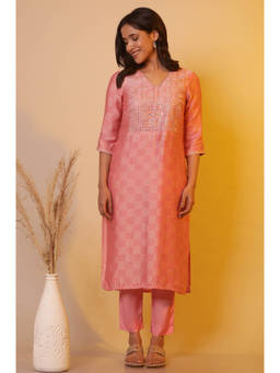 Aurelia - Women's Pink Embroidered Tonal Mirror Straight Shantung Kurta