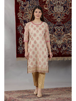 Aurelia - Women's Cream Abstract Print Mirror Embroidered Straight Organza Kurta