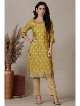 Aurelia - Women's Green Printed Foil Print Zari Embroidered Straight Woven Kurta