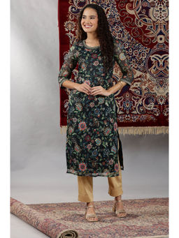 Aurelia - Women's Black Floral All-Over Print Sequined Straight Kota Kurta