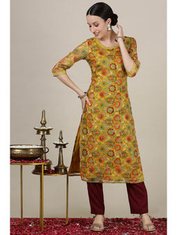Aurelia - Women's Yellow Floral All-Over Print Sequined Straight Kota Kurta