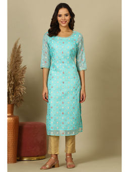 Aurelia - Women's Blue Floral All-Over Print Sequined Straight Kota Kurta