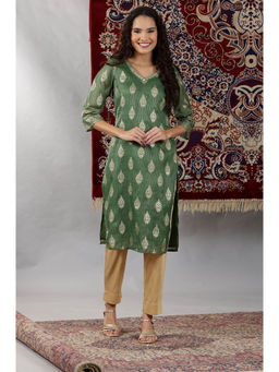 Aurelia - Women's Green Abstract Foil Printed Sequined Straight Kota Kurta