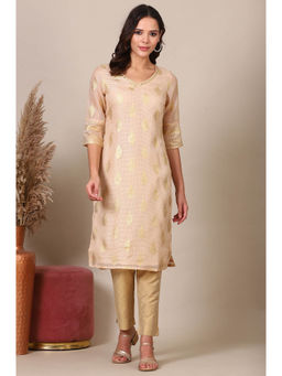 Aurelia - Women's Beige Abstract Foil Printed Sequined Straight Kota Kurta