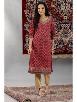 Aurelia - Women's Maroon Abstract Print Sequined Straight Woven Kurta