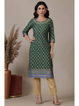 Aurelia - Women's Green Abstract Print Sequined Straight Woven Kurta