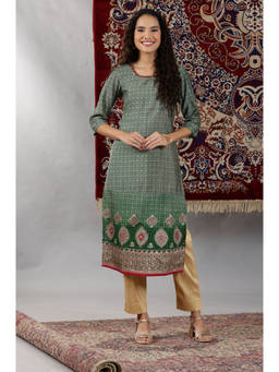 Aurelia - Women's Green Abstract Ombre Printed Sequined Straight Kurta